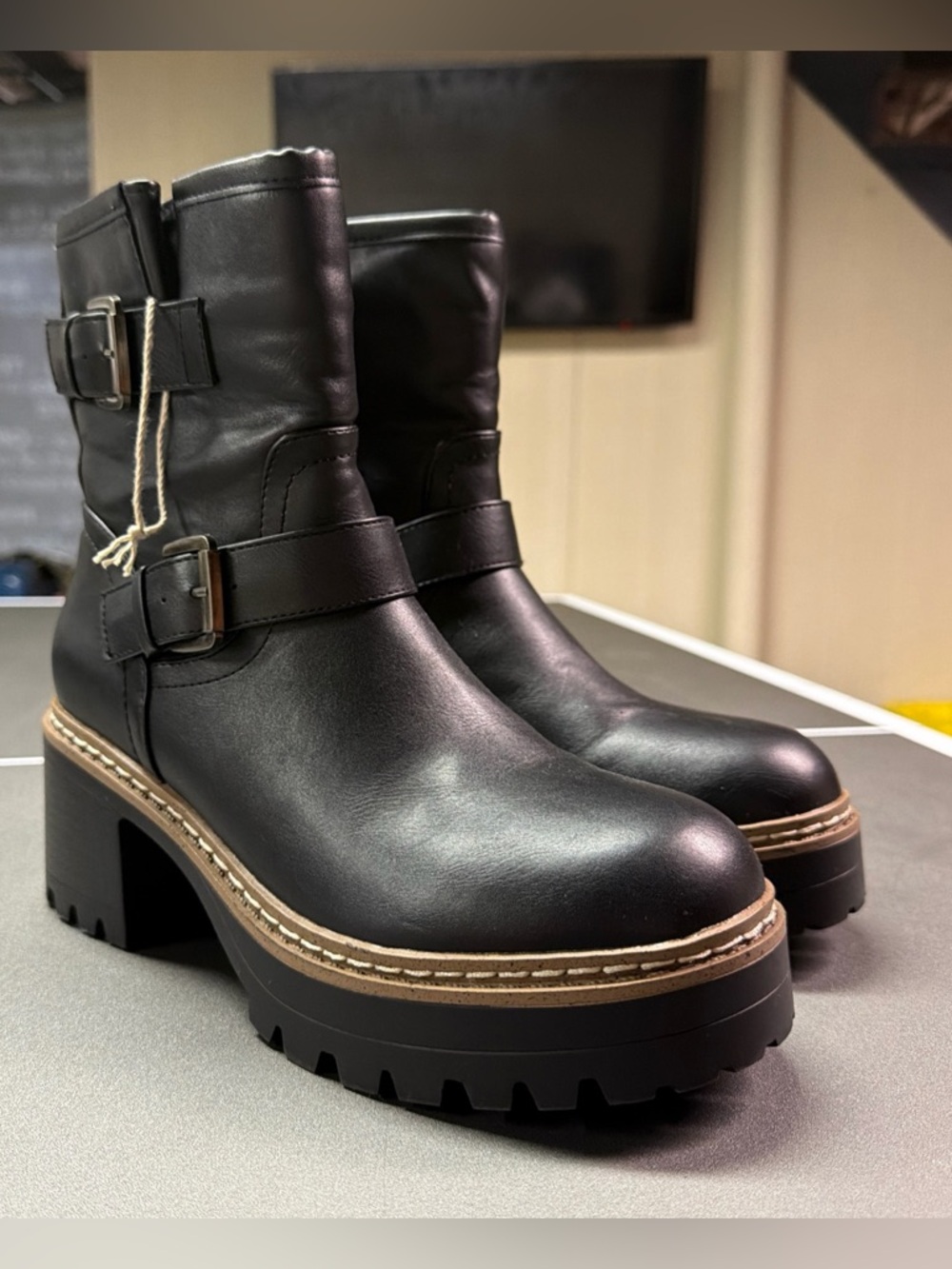 Esprit Women 8 Black Faux‎ Leather Biker Platform Mid Calf Chunky Boot Lug Sole